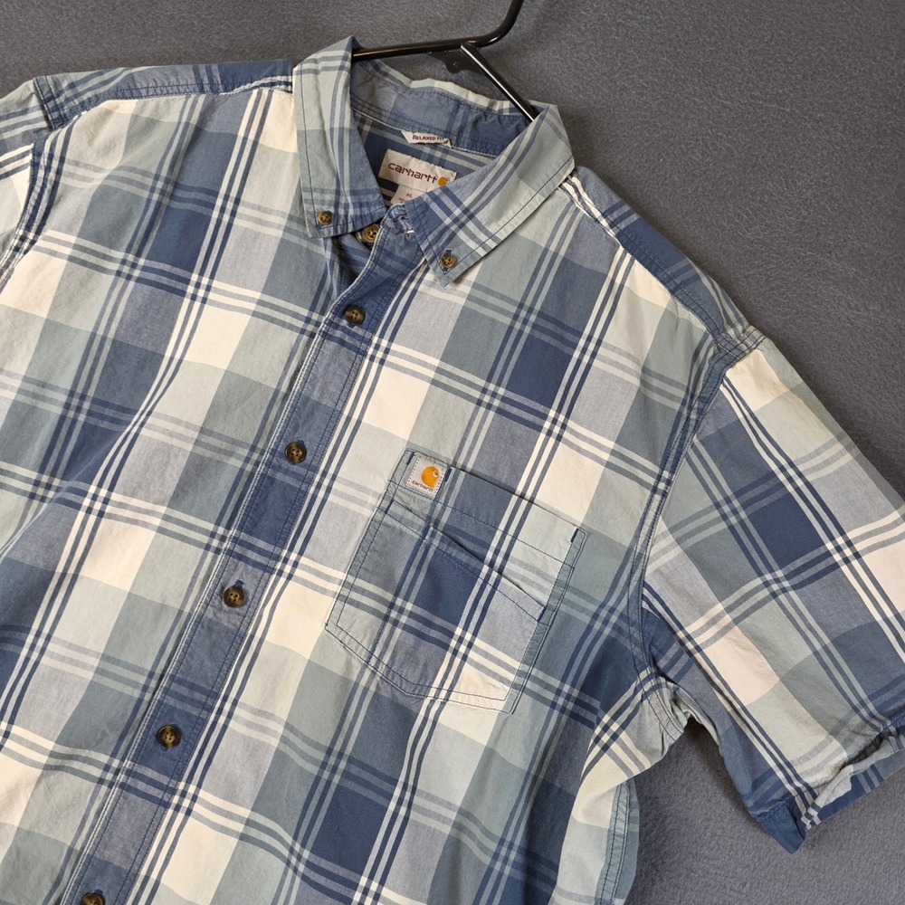 Carhartt Button Down Shirt Mens XL Blue Plaid Relaxed Fit Short Sleeve Pocket